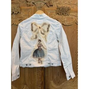 Womens Size S White Denim Jacket Upcycled Bow Ballet Girl Patch Cottagecore